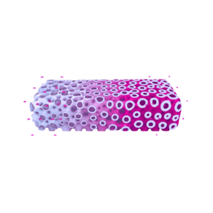 3D render of a Spherene lattice showing a smooth transition from dense to porous geometry in pink tones