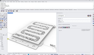 Rhino interface showing a cooling plate design with integrated Spherene lattice for fluid flow control.