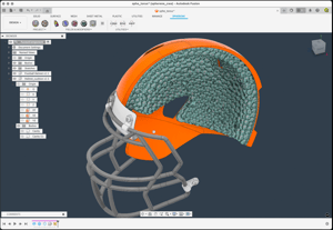 Autodesk Fusion interface showing helmet with internal Spherene lattice for impact absorption
